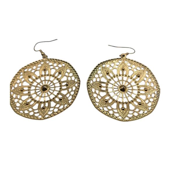 Earrings Boho Dangle Silver Tone Gold Mandala Filigree Round Drop SKU2412 - Picture 7 of 7